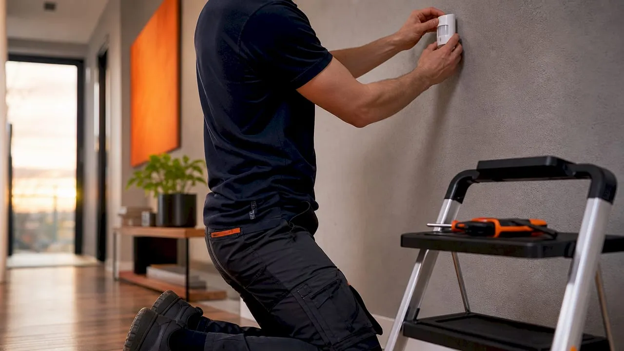 Technician installing occupancy sensor in rental property