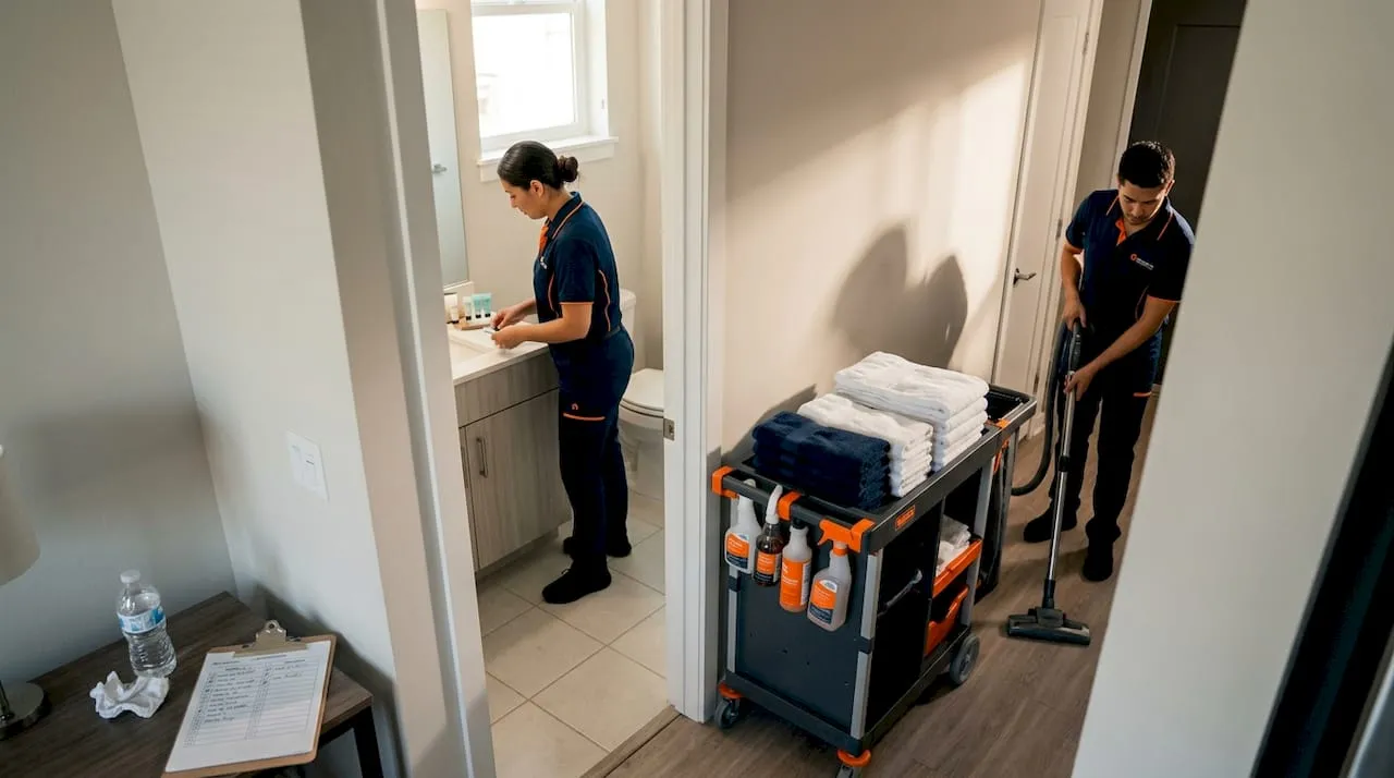 Team cleaning and restocking rental apartment