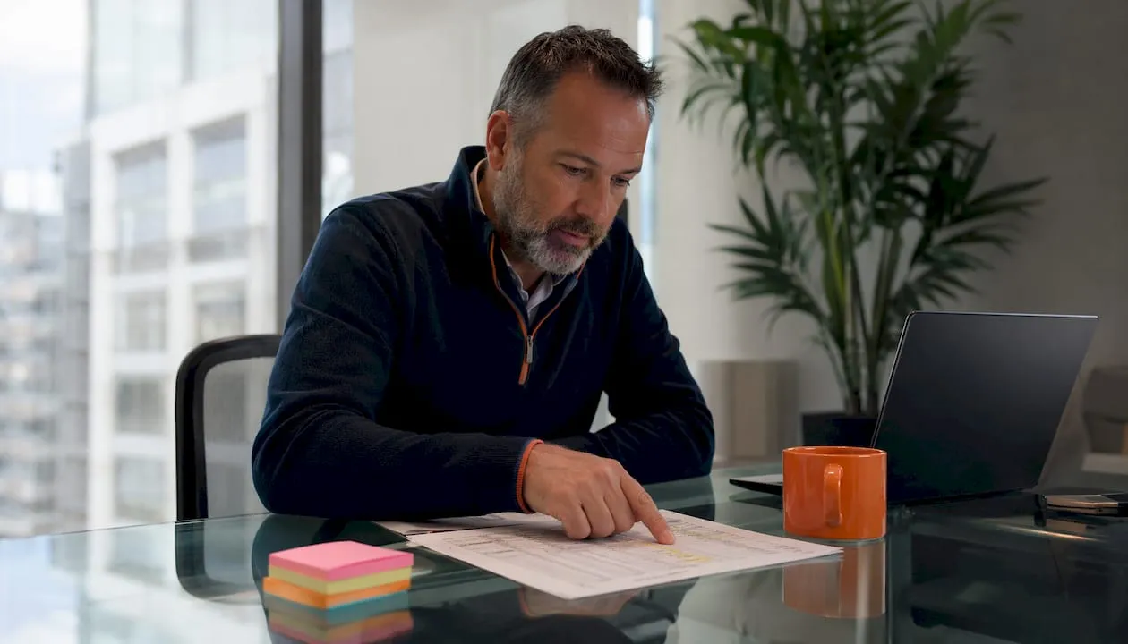 Property manager reviewing maintenance summary sheet