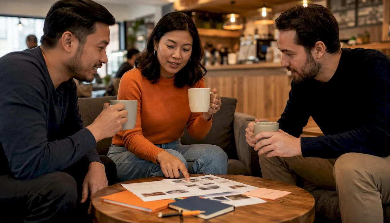 Team discussing guest communication strategy in co-working space