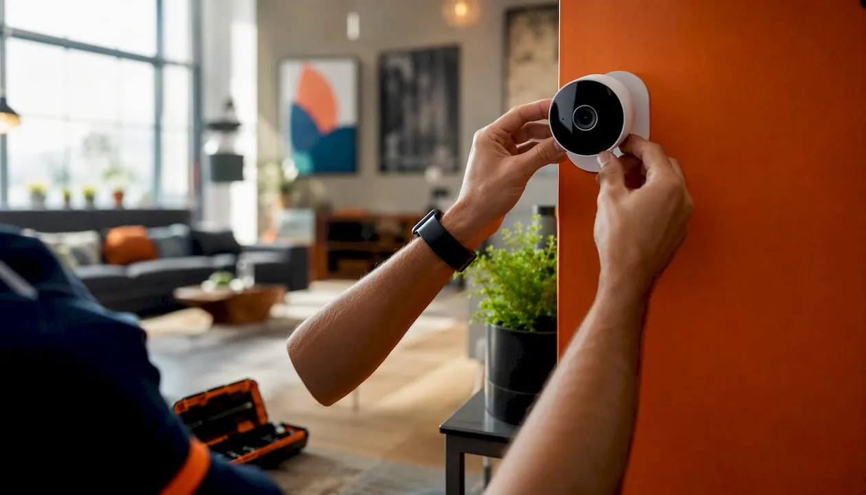 Hands adjusting house security camera indoors
