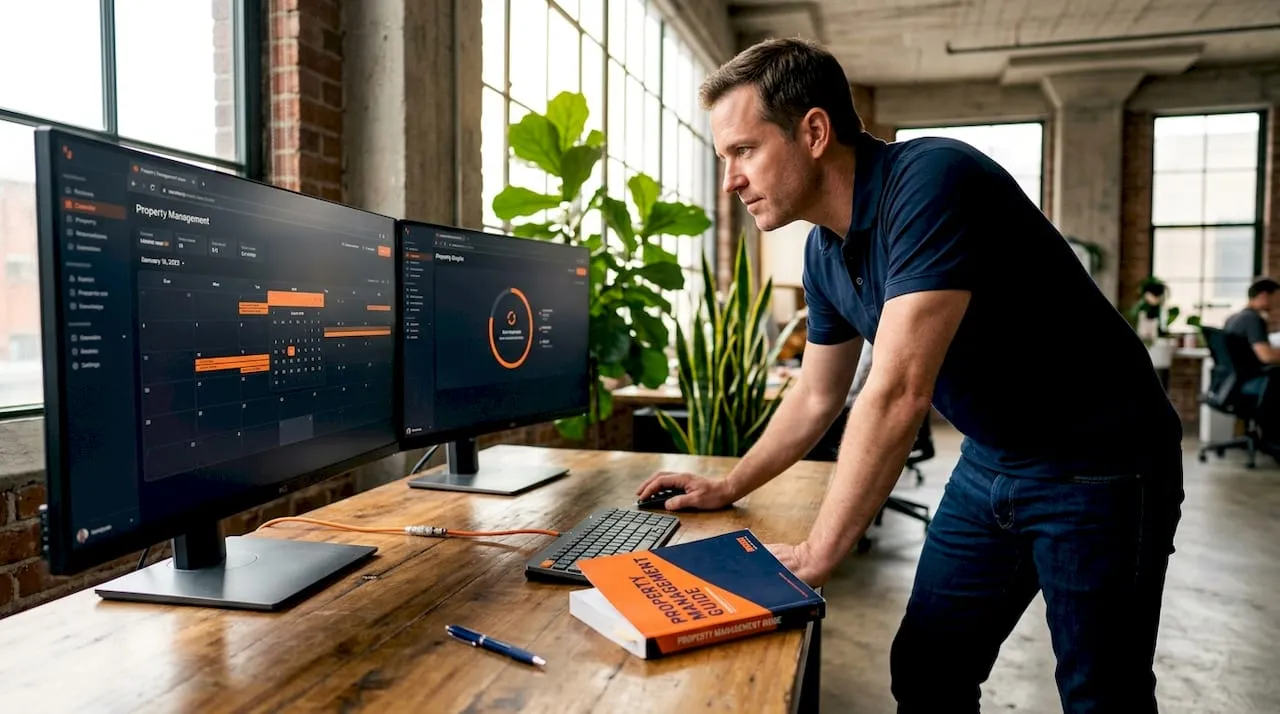 Manager using dual monitors for vacation rental data