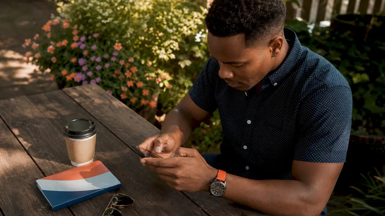 Owner sending guest message outdoors at café table