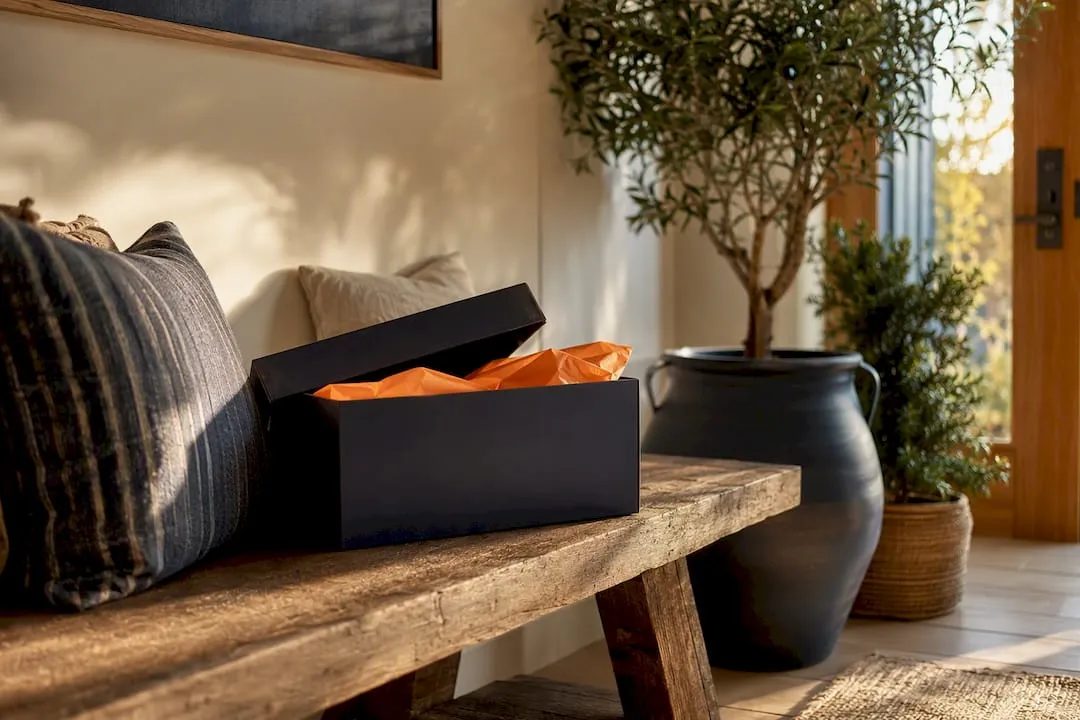 Vacation rental entryway welcome box with orange tissue