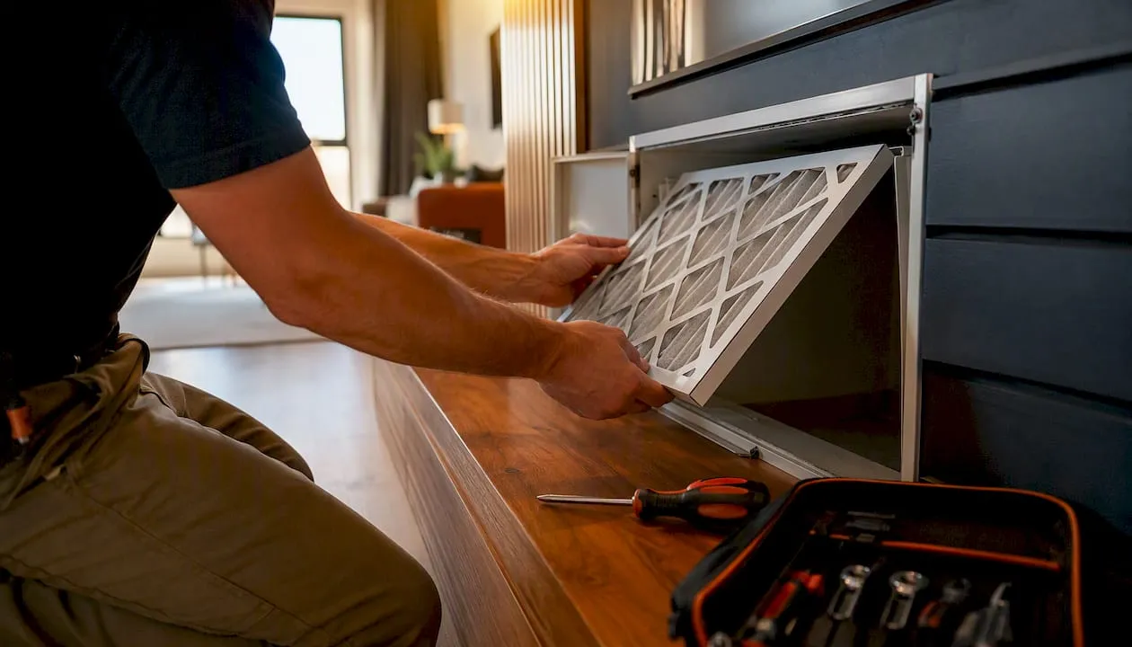 Hands replacing HVAC air filter in rental unit