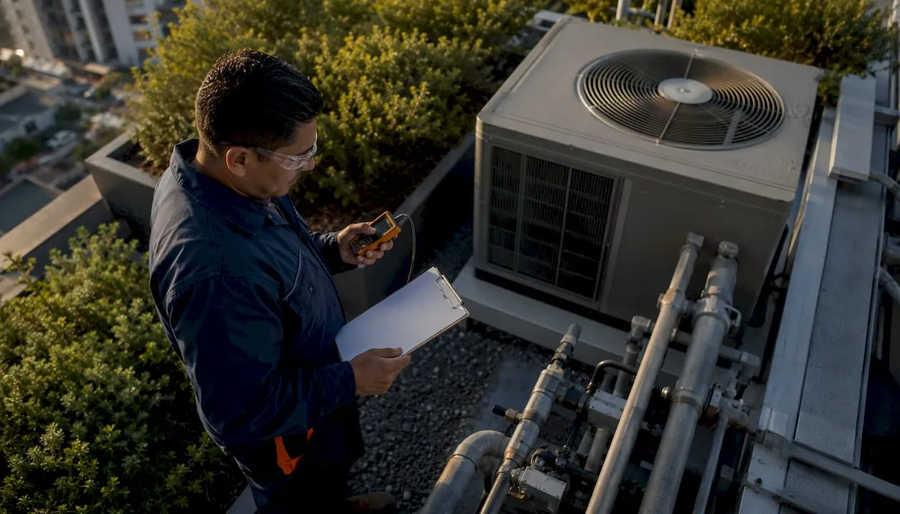 Technician inspecting HVAC with device