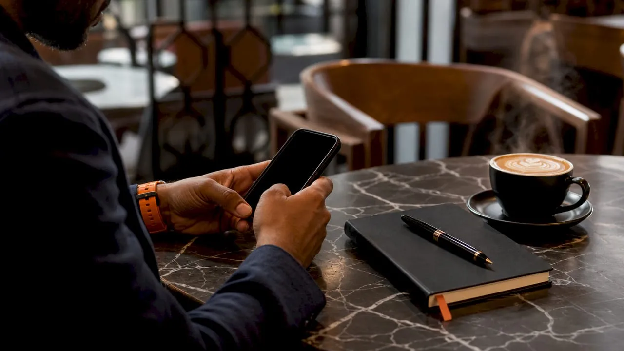 Hands on smartphone near coffee and notebook