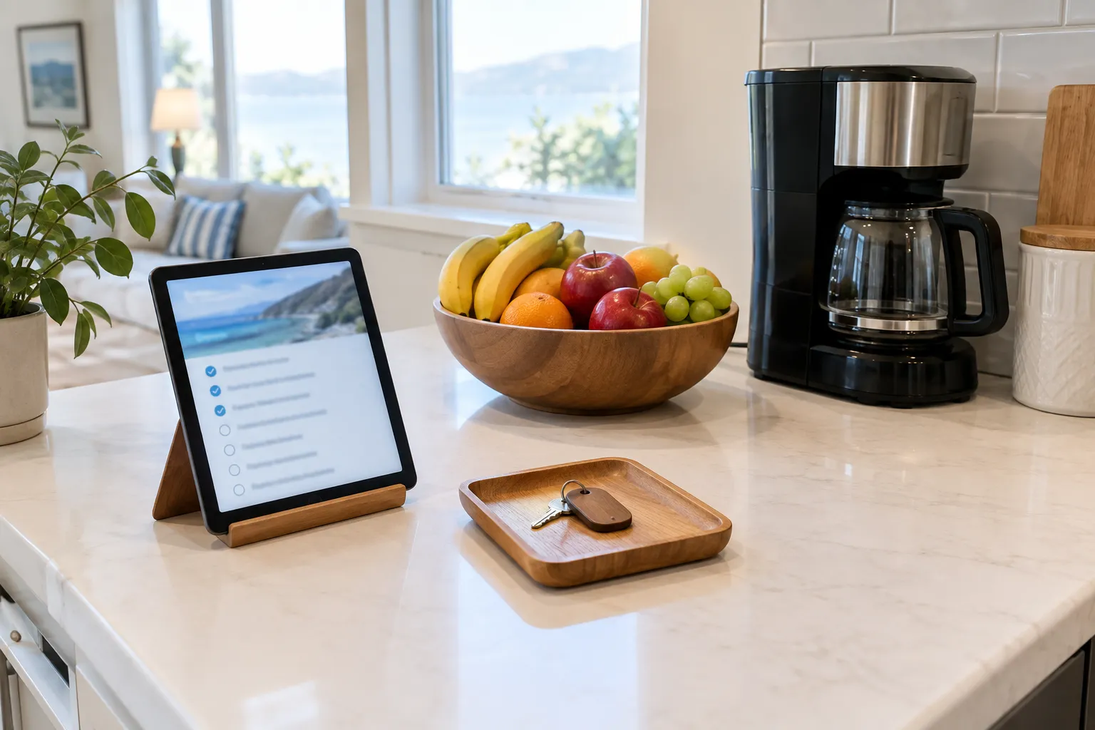 Tablet checklist and key tray on a vacation rental kitchen counter for guest arrival