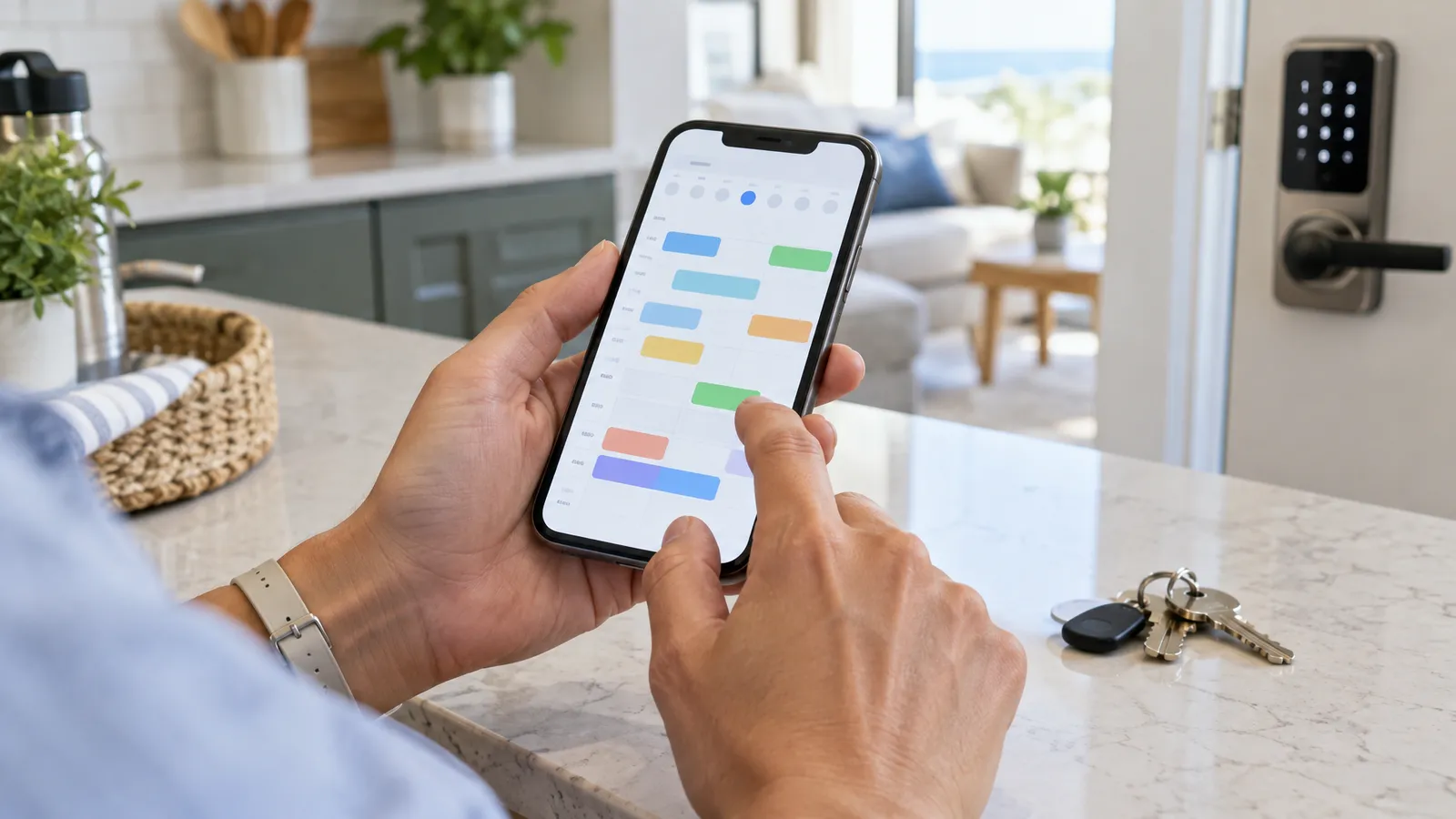 Property manager reviewing an early check-in and late check-out schedule on a phone in a vacation rental kitchen