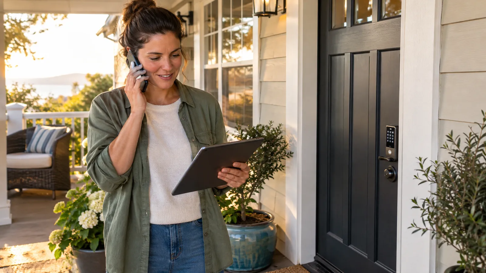 Vacation rental host on the phone with a guest while reviewing booking details on a tablet at the front door
