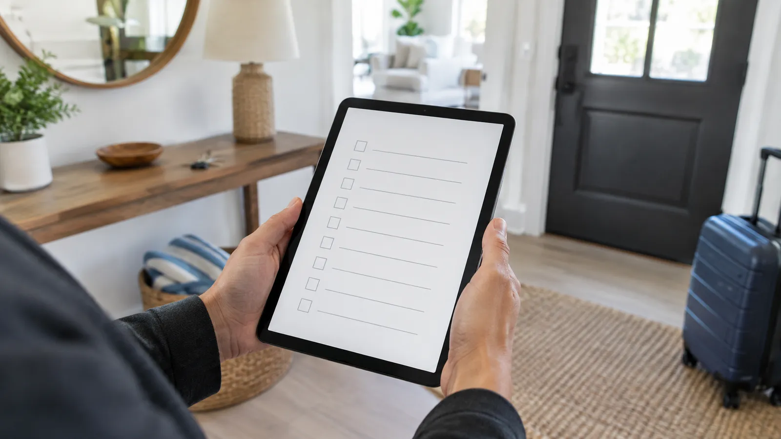 Tablet with a house rules checklist in a vacation rental entryway