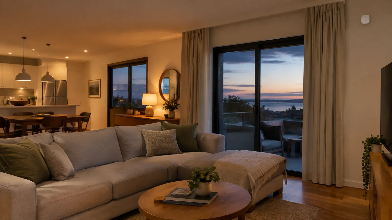 Small privacy-safe noise monitoring sensor mounted on the wall of a vacation rental living room at dusk