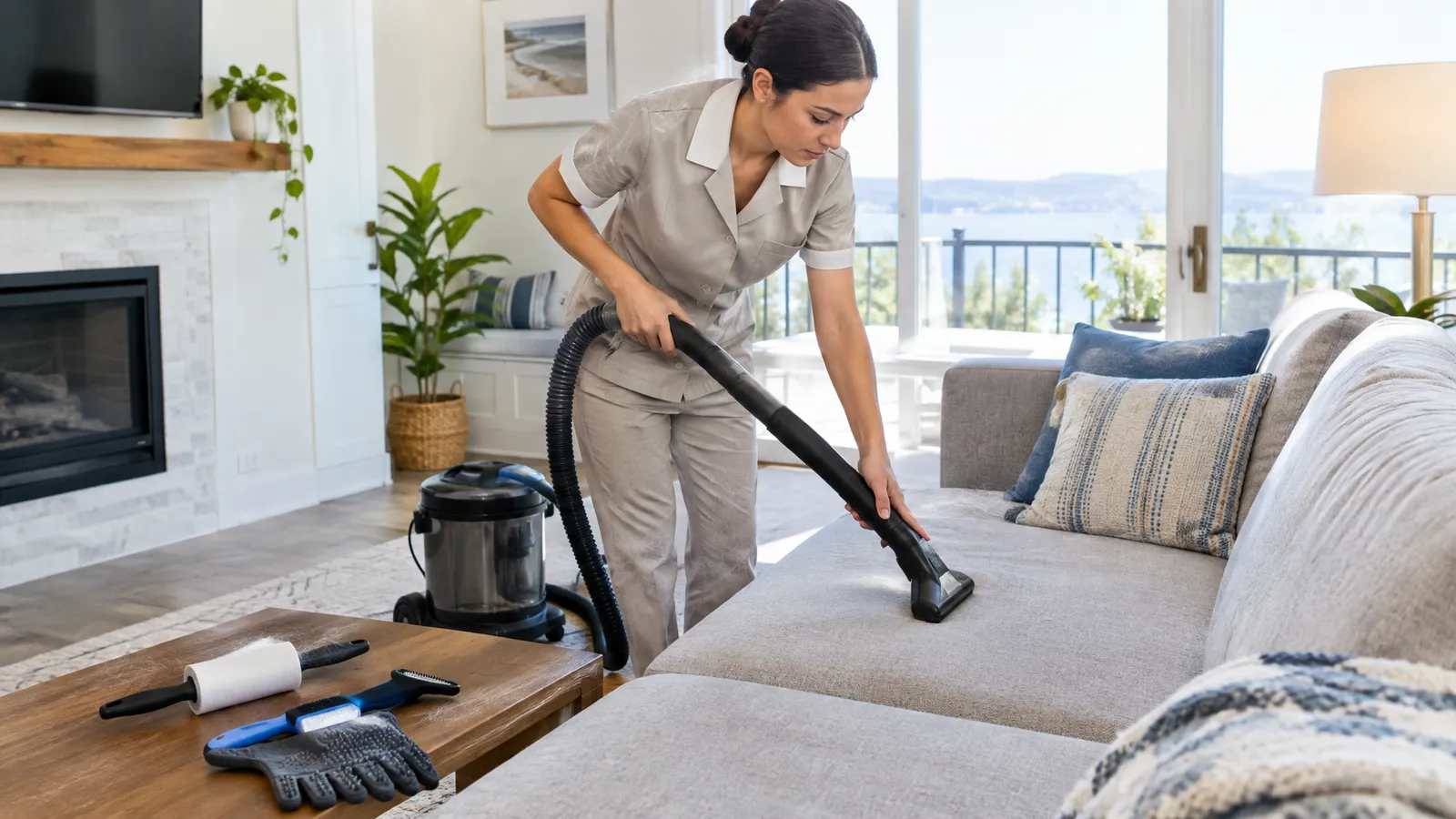 Housekeeper vacuuming a sofa with a HEPA vacuum during a vacation rental turnover after a pet stay