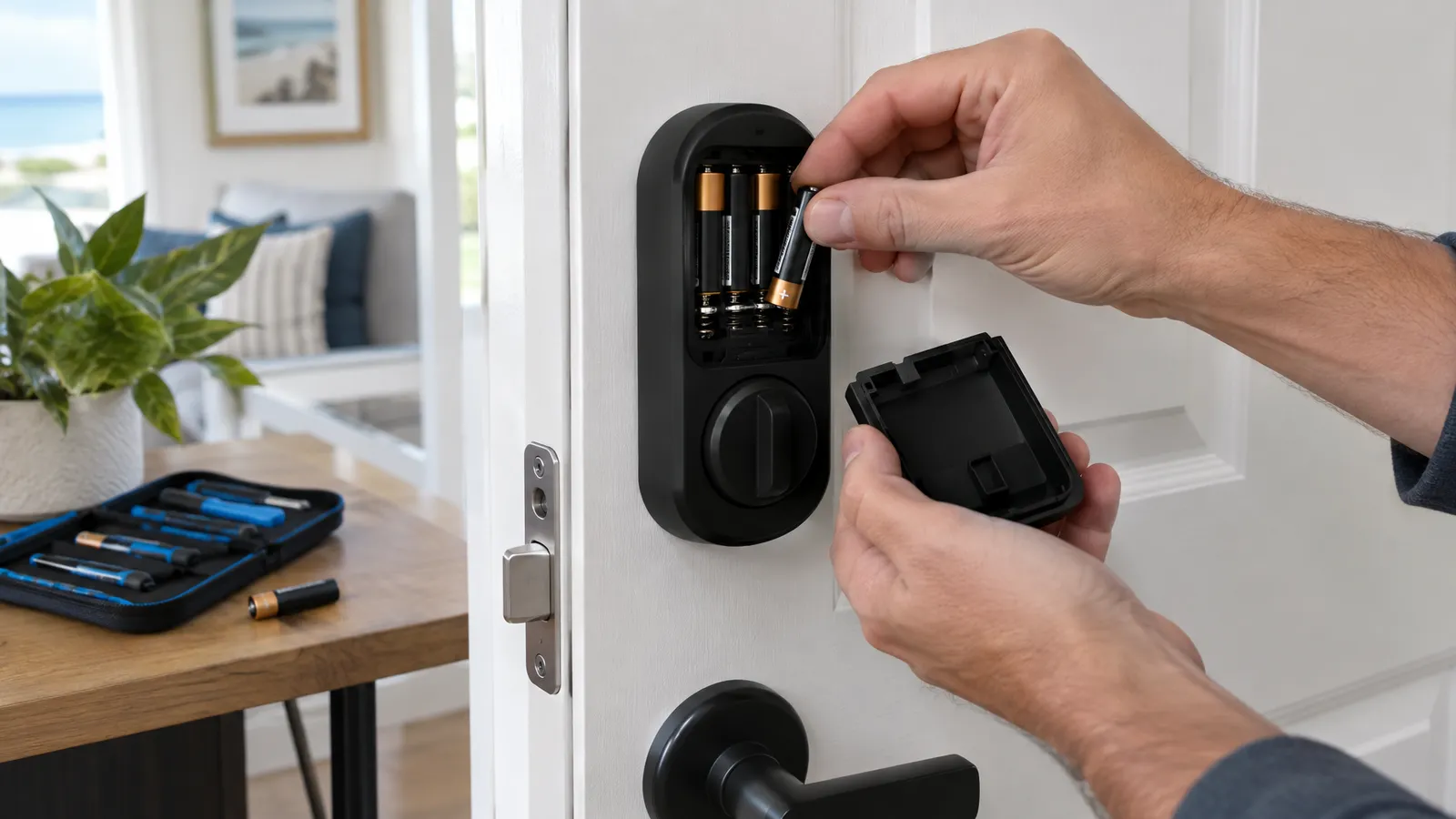 Technician replacing batteries in a smart deadbolt as part of vacation rental smart lock maintenance