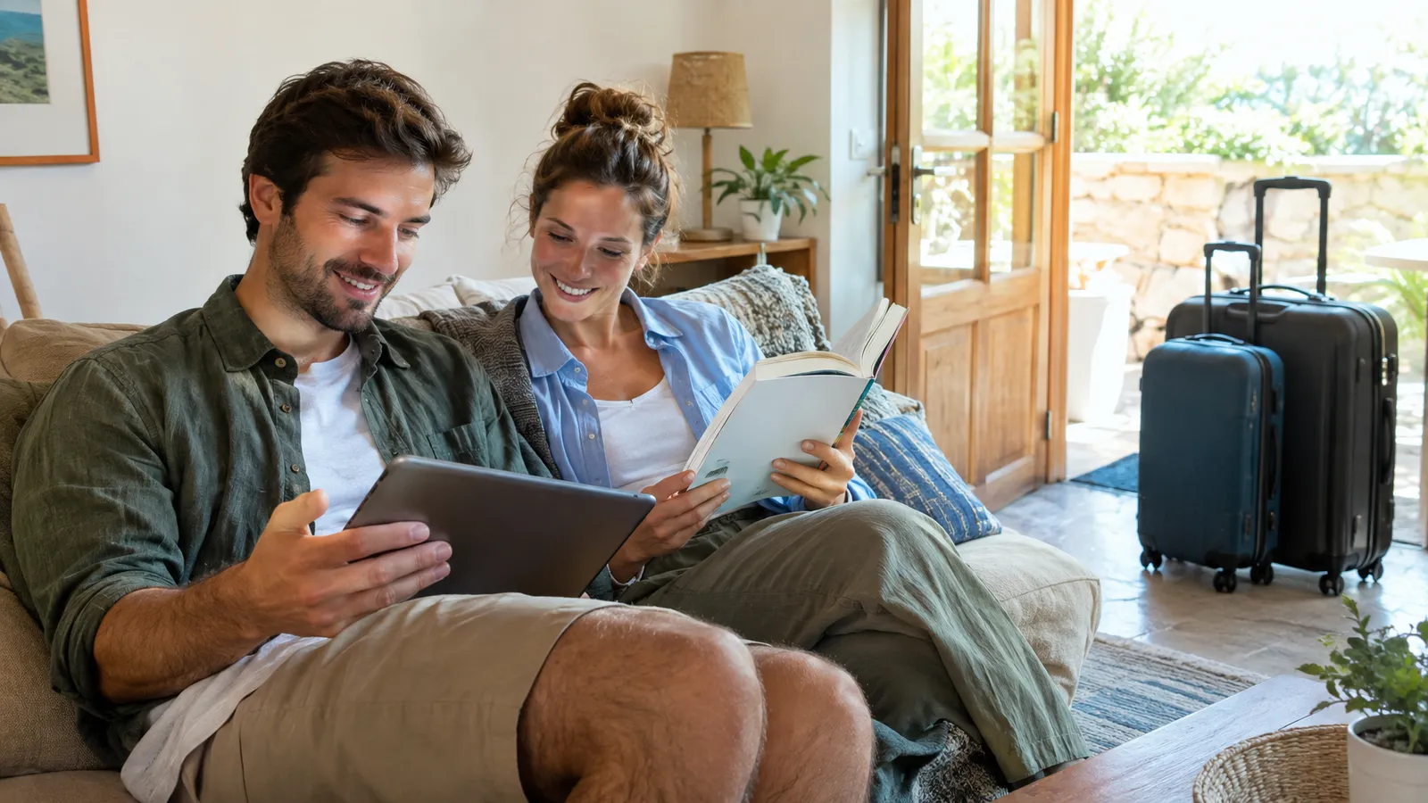Guests on a sofa reading a vacation rental welcome book on a tablet and in print after arriving