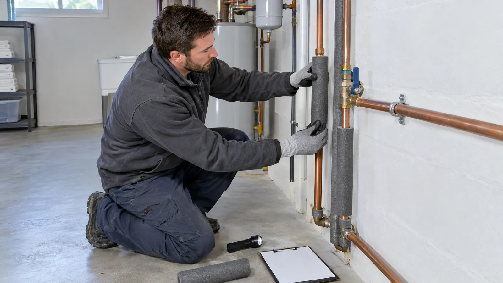 Technician installing foam pipe insulation on exposed water pipes during vacation rental winterization